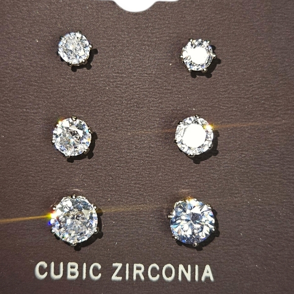 Anne Klein Cubic Zirconia Stud Earring Set, 3 Pairs, Silver, NWT - Picture 3 of 3